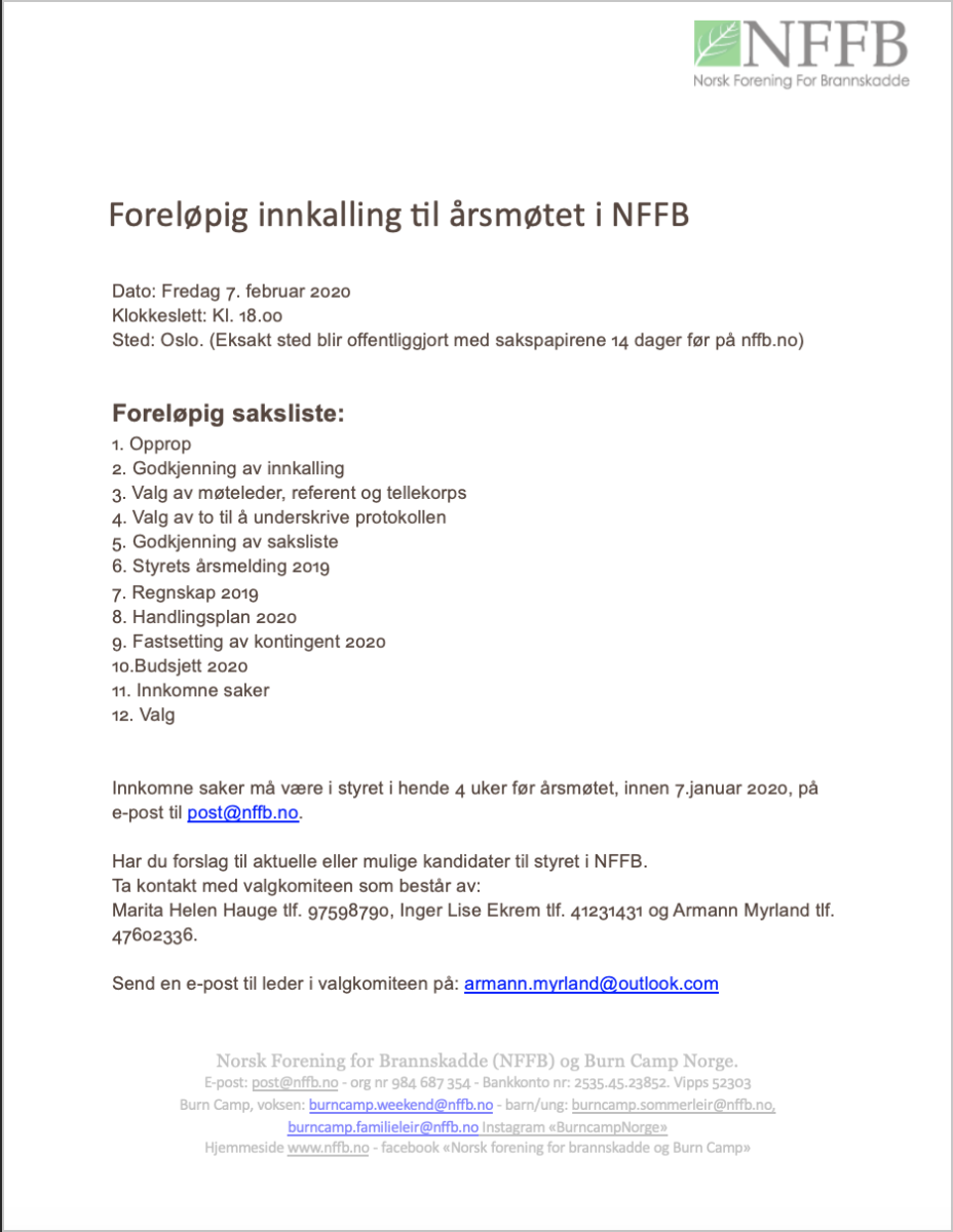 Årsmøte for NFFB 2020 – Innkalling